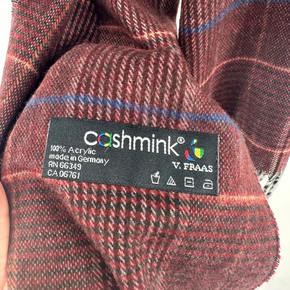 V. Fraas Cashmink Scarf Burgundy‎ Plaid Made in Germany Soft Acrylic Fringe 1140